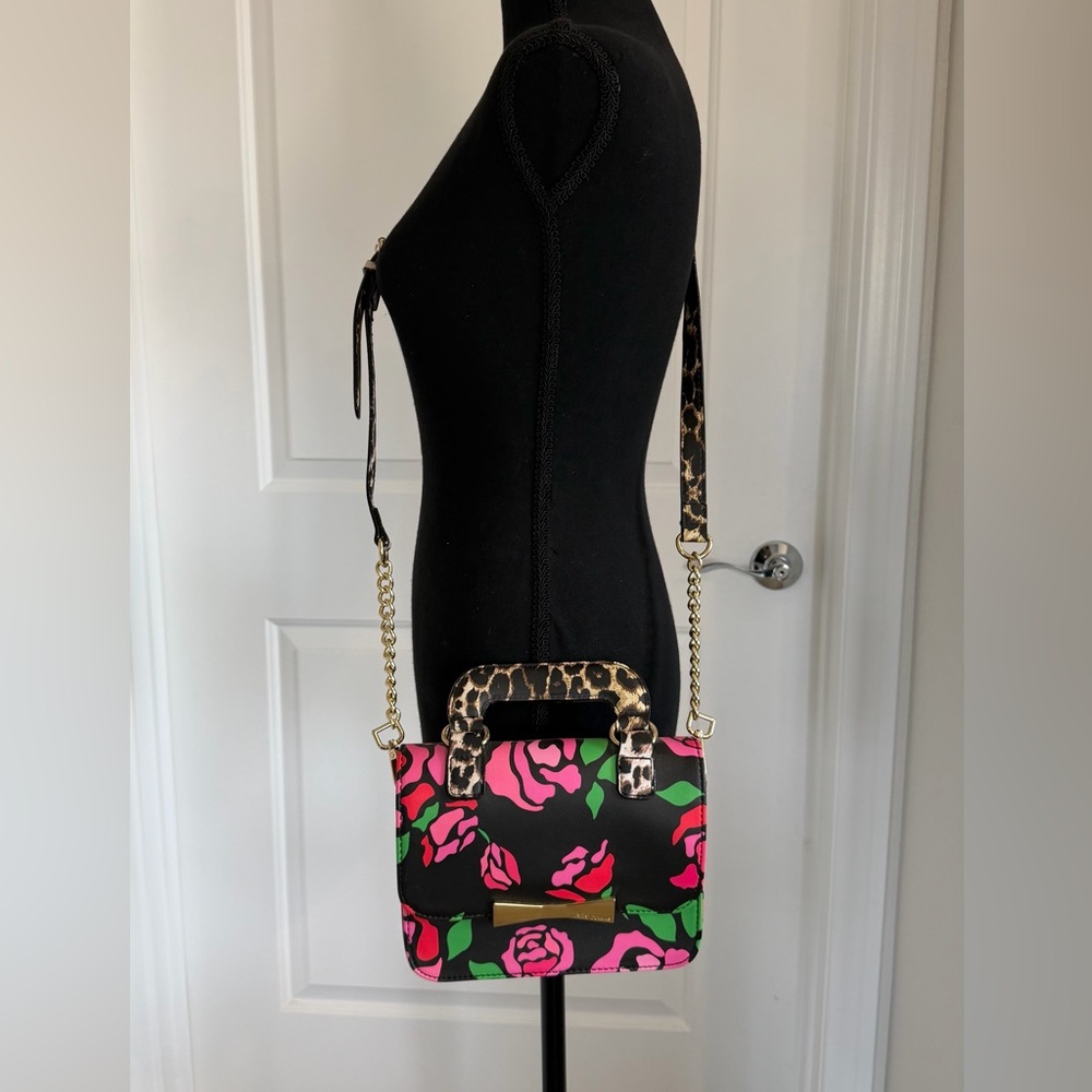 NWOT Betsey Johnson Floral Black Mini Top-Handle/Crossbody Bag with Leopard Trim - Picture 2 of 5